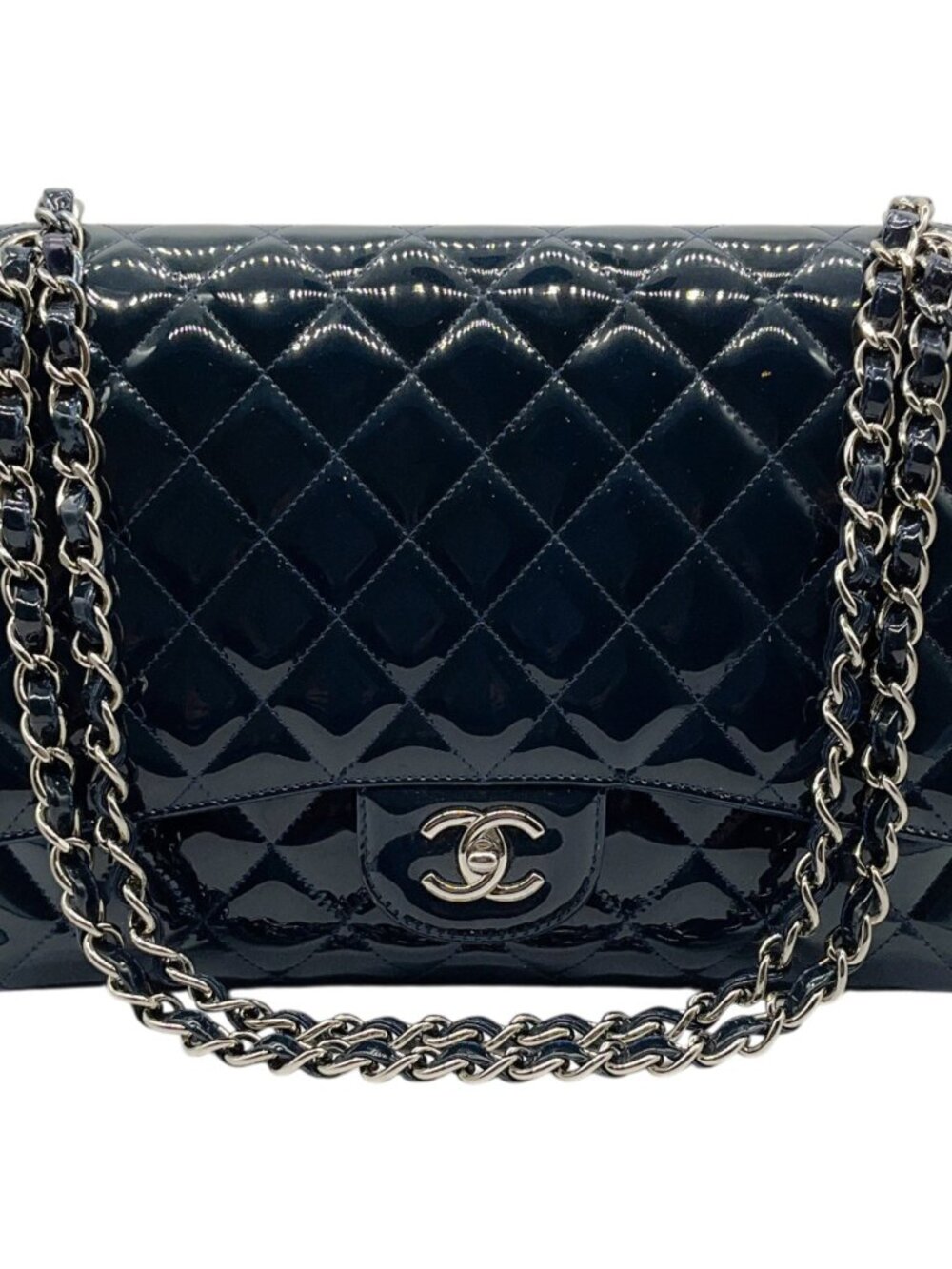 Chanel Navy Blue Patent Leather Maxi Flap Bag